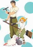  1boy 1girl :o bear black_hair blue_eyes bottle broom bucket decadence_(anime) green_pants holding holding_broom kaburagi_(decadence) natsume_(decadence) orange_hair pants pipe_(decadence) pocket prosthesis prosthetic_arm sandals seventhquark shirt short_ponytail short_sleeves spray_bottle squeegee standing sweatdrop tongue tongue_out white_shirt wristband 