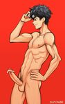  1boy abs black_hair erection glasses looking_away muscle nude penis persona persona_5 smile solo suiton testicles 