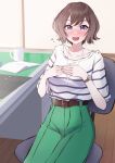  1girl :o absurdres belt_buckle blush brown_hair buckle commentary_request cup flying_sweatdrops gakuen_idolmaster green_pants highres idolmaster indoors looking_at_viewer mug neo_asari nose_blush nya_(xduy2738) pants purple_eyes shirt shirt_tucked_in short_hair short_sleeves sitting solo striped_clothes striped_shirt sweatdrop watch wristwatch 