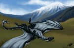  2014 claws day detailed_background digital_media_(artwork) dragon feral grass horn lying male membranous_wings natoli nude outside sky smile solo wings 