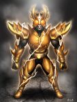  1boy arcle_(kuuga) armor belt bodysuit breastplate character_request clenched_hands commentary_request compound_eyes electricity full_armor full_body gauntlets gloves glowing gold_armor gold_horns helmet highres horns kamen_rider kamen_rider_kuuga kamen_rider_kuuga_(series) kamen_rider_kuuga_(super_rising_ultimate_form) looking_at_viewer mask orange_eyes pauldrons rider_belt shoulder_armor solo standing taikyokuturugi tokusatsu 