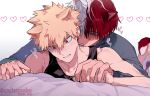  2boys animal_ears bakugou_katsuki bite_mark black_tank_top blonde_hair blue_eyes blue_sweater blush boku_no_hero_academia cactusnabe cat_boy cat_ears cat_tail clenched_teeth grabbing grabbing_from_behind hair_between_eyes heart heart_background highres holding_hands licking long_sleeves male_focus multicolored_hair multiple_boys on_bed red_eyes red_hair sweater tail tank_top teeth todoroki_shouto tongue twitter_username two-tone_hair upper_body white_hair 