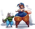  big_breasts black_fur blush breasts brown_fur brown_hair cat clothes_swap curly_q dialogue duo english_text feline female fur furret green_eyes grey_hair hair hat huge_breasts keijimatsu leskaviene mammal nintendo pok&eacute;mon pok&eacute;morph size_difference slightly_chubby tan_fur text thick_thighs video_games wide_hips 