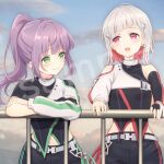  2girls :d against_railing black_gloves black_pants black_shirt blue_sky blush bob_cut closed_mouth cloud colored_inner_hair commentary_request commission deepness_(love_live!) diagonal_bangs earrings elbow_gloves eye_contact fingerless_gloves gloves green_eyes grey_hair hand_on_railing high_ponytail jewelry link!_like!_love_live! long_hair long_sleeves looking_at_another looking_at_viewer love_live! multicolored_hair multiple_girls navel open_mouth otomune_kozue pants partially_fingerless_gloves pink_eyes profile_picture purple_hair railing red_hair sample_watermark shirt short_hair short_sleeves sidelocks single_elbow_glove single_fingerless_glove single_sleeve sky sleeveless sleeveless_shirt smile split_mouth streaked_hair triangle_hair_ornament virtual_youtuber watermark yugiri_tsuzuri yutuki_ame 
