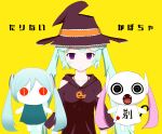 3girls absurdres aimaina alternate_costume aqua_hair black_eyes black_hair closed_mouth doushite-chan hat hatsune_miku highres jewelry long_hair looking_at_viewer multiple_girls necklace oblivious_pumpkin_(vocaloid) open_mouth pink_hair pinocchio-p purple_eyes red_eyes twintails very_long_hair vocaloid witch_hat 