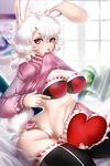  &lt;3 abstract_background bedroom big_breasts bra breasts clothed clothing eyelashes female freckles fur hair hi_res lagomorph legwear mammal nitricacid partially_clothed rabbit sitting slim snout solo teasing teeth underwear white_fur white_hair wide_thighs 