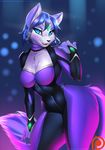  2017 anthro blue_eyes blue_fur blue_hair blush breasts canine cleavage clothed clothing doomthewolf female fox fur hair hi_res krystal looking_at_viewer mammal nintendo open_mouth patreon solo star_fox suit tight_clothing video_games 