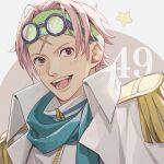  1boy blush coat coat_on_shoulders collared_coat commentary_request epaulettes eyewear_on_head headband koby_(one_piece) male_focus numbered one_piece open_mouth pink_hair scarf short_hair sideburns smile solo star_(symbol) upper_body white_coat yoshicha 