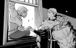  1boy 1girl abaraya cloak commentary_request dungeon_meshi falin_touden fur-trimmed_cloak fur_trim greyscale hand_grab laios_touden long_sleeves looking_at_another monochrome petals short_hair siblings sitting window 
