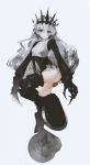  1girl absurdres bad_id bad_pixiv_id black_claws black_rock_shooter chariot_(black_rock_shooter) closed_mouth crown dress full_body gloves greyscale gyup highres long_hair looking_at_viewer monochrome simple_background solo standing standing_on_one_leg thighhighs thighs wheel white_background 