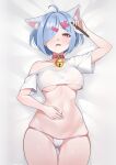 1girl ahoge animal_ears ass_visible_through_thighs bell blue_hair blush breasts cat_ears collar cropped_shirt extra_ears hair_over_one_eye holding holding_stylus lying medium_breasts navel neck_bell nekobao on_back open_mouth original panties red_collar red_eyes solo stylus underboob underwear 