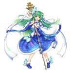  1girl :d blue_footwear blue_skirt frog_hair_ornament full_body green_eyes green_hair hair_ornament highres holding holding_staff kochiya_sanae kochiya_sanae_(hand_in_hand_with_a_miracle) long_hair looking_at_viewer open_mouth rotte_(1109) simple_background skirt smile snake_hair_ornament socks solo staff third-party_source touhou touhou_lostword white_background white_socks wide_sleeves 