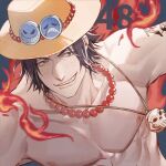 1boy arm_tattoo black_hair blonde_hair dated_commentary fire freckles hat jewelry looking_to_the_side male_focus necklace numbered one_piece orange_hat pearl_necklace portgas_d._ace short_hair smile solo tattoo topless_male upper_body yoshicha 