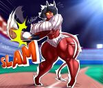 2024 2_horns abs absurd_res areola areola_slip artist_name ball baseball_(ball) baseball_(sport) baseball_bat baseball_uniform bat_(object) big_breasts black_eyes black_hair bodily_fluids bottomwear breasts clothed clothing crop_top curvy_figure dated demon demon_humanoid detailed_background digital_drawing_(artwork) digital_media_(artwork) eyelashes female gloves hair handwear helluva_boss hi_res hooves horn horned_humanoid huge_hips huge_thighs humanoid imp long_tail midriff millie_(helluva_boss) mrmelted muscular muscular_female muscular_humanoid muscular_thighs night no_bra open_mouth open_smile pointed_tail red_body red_skin shirt short_hair shorts signature skimpy smile solo sport sportswear stadium star_pupils sweat sweatdrop tail thick_thighs tooth_gap topwear under_boob uniform voluptuous wide_hips yellow_sclera
