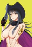  &gt;:( absurdres black_gloves black_hair black_tiger breasts brown_eyes cape cleavage cowboy_hat eyeliner frown gloves gun handgun hat highres holding holding_gun holding_weapon huge_breasts kamitsuki_manmaru looking_at_viewer makeup navel nipples nude revolver simple_background solo tattoo v-shaped_eyebrows weapon yellow_background 