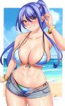  absurdres anisdrawn beach bikini blue_bikini blue_hair blue_sky blush border bracelet breasts cloud commission eiyuu_densetsu english_commentary floating_hair grin hair_between_eyes highres jewelry large_breasts laura_s._arseid long_hair looking_at_viewer ocean outdoors parted_bangs partially_unzipped ponytail second-party_source sen_no_kiseki shorts sidelocks signature sky smile swimsuit white_border yellow_eyes 