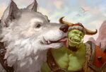  absurd_res ambiguous_gender blizzard_entertainment canid canine canis chens_art duo feral green_body happy hi_res horn humanoid licking male mammal orc pecs smile tongue tusks warcraft wolf 
