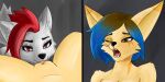  absurd_res alex_artist anthro areola bedroom_eyes big_ears blue_hair bodily_fluids breasts brown_hair canid canine canis chris_(glitter_galaxia) cunnilingus digital_media_(artwork) duo edna_(alex_artist) female female/female fennec_fox fox fur genitals hair hi_res looking_down_at_partner looking_up_at_partner mammal narrowed_eyes nude one_eye_closed oral orgasm pussy red_eyes red_hair seductive sex simple_background tail teeth teeth_showing true_fox vaginal white_body wolf 