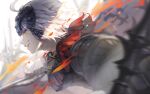  1girl ahoge armor armored_dress banner black_dress blurry breasts cape chain depth_of_field dress fate/grand_order fate_(series) fire flag gauntlets headpiece holding holding_flag jeanne_d&#039;arc_alter_(avenger)_(fate) jeanne_d&#039;arc_alter_(avenger)_(first_ascension)_(fate) jeanne_d&#039;arc_alter_(fate) large_breasts looking_to_the_side shjjy296 short_hair smile solo standard_bearer white_flag white_hair yellow_eyes 