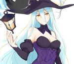  1girl alternate_costume azura_(fire_emblem) bk-love blue_hair breasts closed_mouth fire_emblem fire_emblem_fates hat lantern light_blue_hair long_hair medium_breasts solo very_long_hair witch witch_hat yellow_eyes 