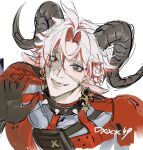  1boy animal_ears artist_name black_collar blue_eyes claw_pose claws collar colored_extremities dxxx49 ear_piercing goat_boy goat_ears goat_horns grin hand_up highres horizontal_pupils horns kemonomimi_mode looking_at_viewer male_focus multicolored_hair piercing red_eyes red_hair scar scar_(wuthering_waves) scar_across_eye scar_on_cheek scar_on_face short_hair simple_background smile solo spiked_collar spikes streaked_hair upper_body white_background white_hair wuthering_waves 