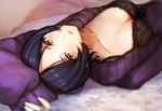  bad_id bad_pixiv_id bed_sheet black_bra black_hair blurry bra breasts cleavage clothes_pull collarbone depth_of_field hayami_kanade idolmaster idolmaster_cinderella_girls lace lace-trimmed_bra long_sleeves looking_at_viewer lying medium_breasts mia_(miaflocon) on_back on_bed parted_lips purple_sweater short_hair sleeves_past_wrists snowflake_print solo sweater sweater_pull underwear upper_body yellow_eyes 