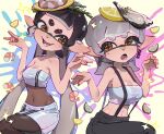  2girls \m/ absurdres bare_shoulders black_hair black_pants black_pantyhose blue_tube_top blunt_bangs breasts callie_(splatoon) cleavage commentary ear_piercing fang food food_on_head fruit gradient_hair grey_hair hands_up highres holographic_clothing inkling lemon lemon_slice looking_at_another lower_teeth_only marie_(splatoon) medium_breasts medium_hair midriff miniskirt mole mole_under_eye multicolored_hair multiple_girls navel object_on_head official_alternate_costume official_alternate_hairstyle open_mouth orange_eyes oyster paint_splatter pants pantyhose pencil_skirt piercing pointy_ears purple_hair short_bangs shrimp sidelocks skirt small_breasts sparkle splatoon_(series) splatoon_3 star-shaped_pupils star_(symbol) strapless suspenders symbol-only_commentary symbol-shaped_pupils teeth tentacle_hair thick_eyebrows tube_top twintails two-tone_hair usa_go13 yellow_background zipper_pull_tab zipper_skirt 