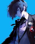  1boy black_jacket black_ribbon blue_background blue_eyes blue_hair closed_mouth collared_shirt commentary dark_blue_hair earphones gekkoukan_high_school_uniform hair_over_one_eye headphones headphones_around_neck highres jacket long_sleeves looking_at_viewer male_focus messy_hair neck_ribbon nika_dudi open_clothes open_jacket persona persona_3 persona_3_reload ribbon school_uniform shirt short_hair solo upper_body white_shirt yuuki_makoto_(persona_3) 