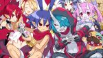  3boys 4girls animal_collar antenna_hair belt bieko_(disgaea) blonde_hair bracelet cerberus_(disgaea) child choker closed_mouth collar colored_skin controller demon_boy demon_girl disgaea dog earrings etna_(disgaea) fallen_angel fingernails flonne flonne_(fallen_angel) game_controller gloves grey_skin hair_between_eyes hair_over_one_eye harada_takehito highres holding holding_controller holding_game_controller hood horns jacket jewelry laharl legs looking_at_another makai_senki_disgaea_6 melodia_(disgaea) multiple_boys multiple_girls navel official_art open_clothes open_jacket open_mouth pink_hair pointy_ears purple_skin red_eyes red_hair red_scarf red_shorts scarf sharp_teeth shorts single_horn skull_earrings smile teeth tongue tongue_out topless_male twintails zed_(disgaea) zombie 