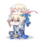  blazblue blush chibi closed_eyes hakama hug hug_from_behind jacket japanese_clothes jin_kisaragi long_sleeves noel_vermillion short_hair smile yogurtm 