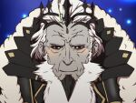  1boy armor beard black_armor black_eyes cape collared_cape crown facial_hair fire_emblem fire_emblem_fates fur_cape garon_(fire_emblem) king long_beard looking_at_viewer old old_man raven_utau solo wrinkled_skin 