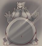  2020 3_toes 4_fingers against_surface anthro arm_tuft belly belly_on_glass belly_squish big_belly biped bodily_fluids claws feet fingers front_view full-length_portrait generation_2_pokemon glass grey_background greyscale hand_on_glass hi_res huge_belly looking_at_viewer male male_anthro mammal monochrome navel nintendo nude obese obese_anthro obese_male on_glass overweight overweight_anthro overweight_male pokemon pokemon_(species) portrait ruchex_(character) saliva scottred shaded shoulder_tuft signature simple_background solo squish standing toe_claws toes tongue tongue_on_glass tongue_out tuft typhlosion 