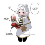  1girl burger capelet commentary elf english_commentary english_text food frieren highres long_hair long_sleeves patreon_username pointy_ears sad simple_background solo sousou_no_frieren speech_bubble sydus twintails wcdonald&#039;s white_background white_hair 