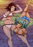  2girls arm armpits ass bachou_mouki bare_arms bare_legs bare_shoulders bikini blush breasts brown_hair cleavage dark_skin female green_hair highres ikkitousen large_breasts leg_up legs looking_at_another looking_to_the_side lying official_art on_back on_stomach open_mouth petals ponytail ryofu_housen short_hair smile swimsuit twintails underboob yuri 