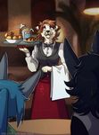  ambiguous_gender anthro beverage bow_tie canine clothed clothing female food group kuroame mammal open_mouth standing waiter 