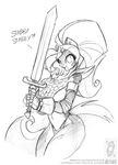  &lt;3 anthro armor breasts chloe_sinclaire clothing conditional_dnp cosplay dialogue english_text female gauntlets gloves hair jollyjack mammal melee_weapon monochrome open_mouth red_sonja skunk solo sword text unconvincing_armor under_boob weapon 
