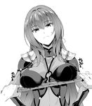  absurdres bodysuit breasts covered_navel fate/grand_order fate_(series) gae_bolg greyscale highres large_breasts long_hair looking_at_viewer monochrome pauldrons polearm purple_bodysuit purple_hair scathach_(fate)_(all) scathach_(fate/grand_order) soba_(saz) solo spear upper_body very_long_hair weapon 
