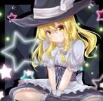  &gt;:) black_dress blonde_hair blue_bow blush bow braid capelet commentary_request dress grin hair_between_eyes hair_bow hat indian_style kirisame_marisa long_hair looking_at_viewer shinyafuru side_braid sitting smile solo star touhou v-shaped_eyebrows v_arms witch_hat yellow_eyes 