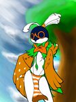  anthro avian beak bird blue_beak clothing decidueye i-am-that-japanesse loincloth male nintendo pok&eacute;mon sky thong tree video_games 