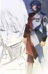  1boy 1girl athrun_zala blue_hair cagalli_yula_athha closed_eyes green_eyes gundam gundam_seed gundam_seed_destiny gundam_seed_freedom high_collar highres jacket military_jacket military_uniform pants red_uniform she_(morianosu) short_hair simple_background sketch uniform white_background white_jacket white_uniform zaft_uniform 