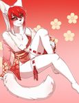  anthro breasts clothing feline female japanese_clothing kimono legwear looking_at_viewer mammal miiyori nipples sitting smile solo thigh_highs 