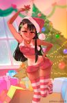  1girl absurdres arm_up bell bell_collar black_hair blush box breasts brown_eyes christmas christmas_tree collar commentary english_commentary fangs gift gift_box groin hair_ornament hairclip hand_on_hip hat highres holly_hair_ornament ijiranaide_nagatoro-san jingle_bell leaning_forward long_hair looking_at_viewer lowleg lowleg_shorts midriff mistletoe nagatoro navel no_shoes one-piece_tan red_legwear rtil santa_hat short_shorts shorts skindentation small_breasts solo standing standing_on_one_leg strapless striped striped_legwear tan tanline thigh_gap thighhighs tubetop winter 