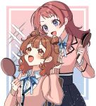  2girls blue_ribbon blush borrowed_hairstyle brown_cardigan brown_hair brown_jacket cardigan commentary_request gakuen_idolmaster hair_brush hanami_saki hanami_ume hatsuboshi_gakuen_school_uniform highres holding holding_hair_brush holding_mirror idolmaster jacket long_sleeves looking_at_another looking_up lvetica mirror multiple_girls neck_ribbon ribbon school_uniform shirt siblings sisters smile two_side_up white_shirt 
