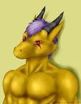  anthro digital_media_(artwork) dragon hair hi_res horn male muscular muscular_male purple_hair ranthead red_eyes scalie simple_background solo yellow_skin 