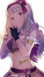  2017 armband bangs dated gloves hair_ornament hands_clasped hands_together headband idolmaster idolmaster_(classic) long_hair midriff mimizubare own_hands_together red_eyes shijou_takane sidelocks silver_hair simple_background single_glove skirt smile solo 