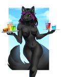  alcohol anthro beverage breasts canine female food hot_dog kuroame mammal nipple_piercing nipples nude piercing pubes pussy smile solo standing wide_hips 