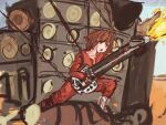  1girl desert double_neck_guitar fire highres hirasawa_yui k-on! leaning_forward mad_max mad_max:_fury_road outdoors panties_(pantsu-pirate) playing_guitar reference_request rope speaker teeth upper_teeth_only 