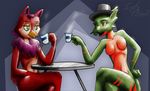  2015 anthro avian beak bird breasts duo facial_hair feathers featureless_breasts female green_scales lily_(lilybird) lilybird lizard mustache navel nude red_belly red_feathers red_scales reptile scales scalie teacup 