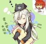  2girls absurdres alternate_costume artoria blush closed_eyes commentary_request dreaming fate/grand_order fate_(series) fujimaru_ritsuka_(female) hat highres multiple_girls olga_marie_animusphere pillow riyo_(lyomsnpmp)_(style) silver_hair sleeping translation_request zzz 