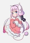  bangs beads blue_eyes blush child dragon_girl dre frills from_behind full_body gradient_hair hair_beads hair_ornament hairband highres horns kanna_kamui kobayashi-san_chi_no_maidragon lavender_hair long_hair looking_at_viewer looking_back low_twintails multicolored_hair pink_footwear shoes sidelocks sitting solo tail thighhighs twintails white_legwear 